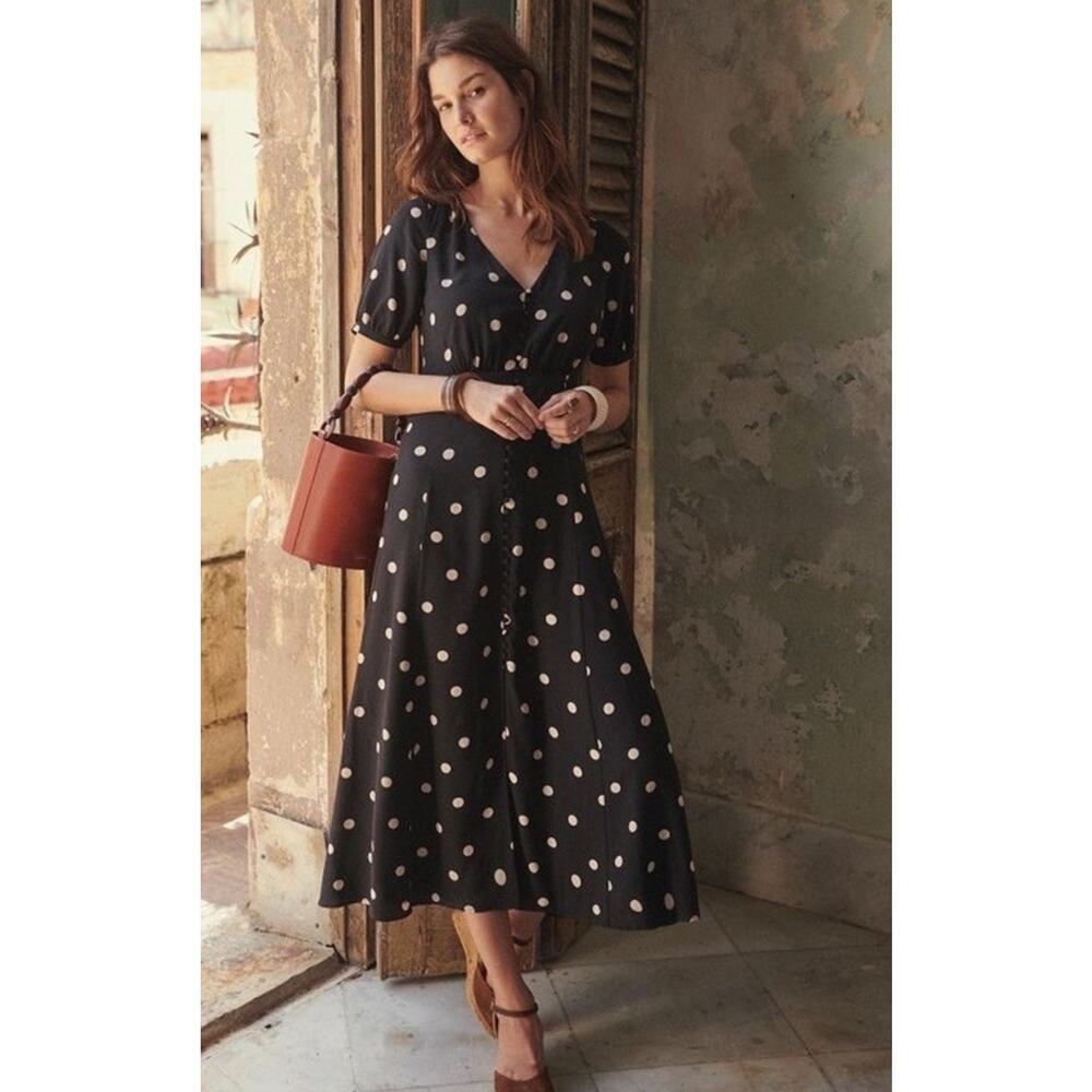 NWT Sezane Silk Polka Dot Midi Dress Black Button Front Lined Size US 2 - Picture 2 of 9